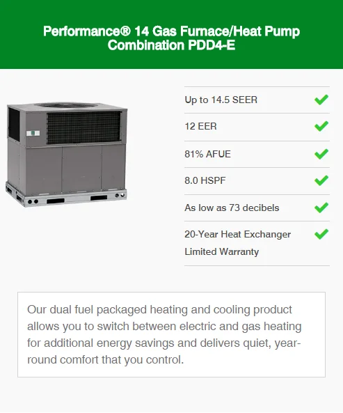 performance 14 gas furnace/heat pump combination pdd4-e