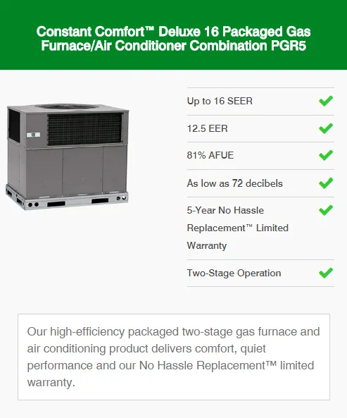 constant comfort deluxe 16 packaged gas furnace/air conditioner combination pgr5