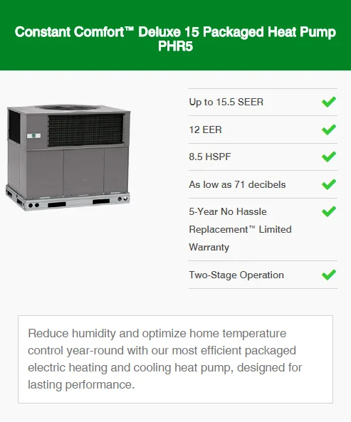 constant comfort deluxe 15 packaged heat pump phr5