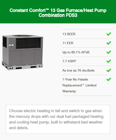 constant comfort 13 gas furnace/heat pump combination pds3