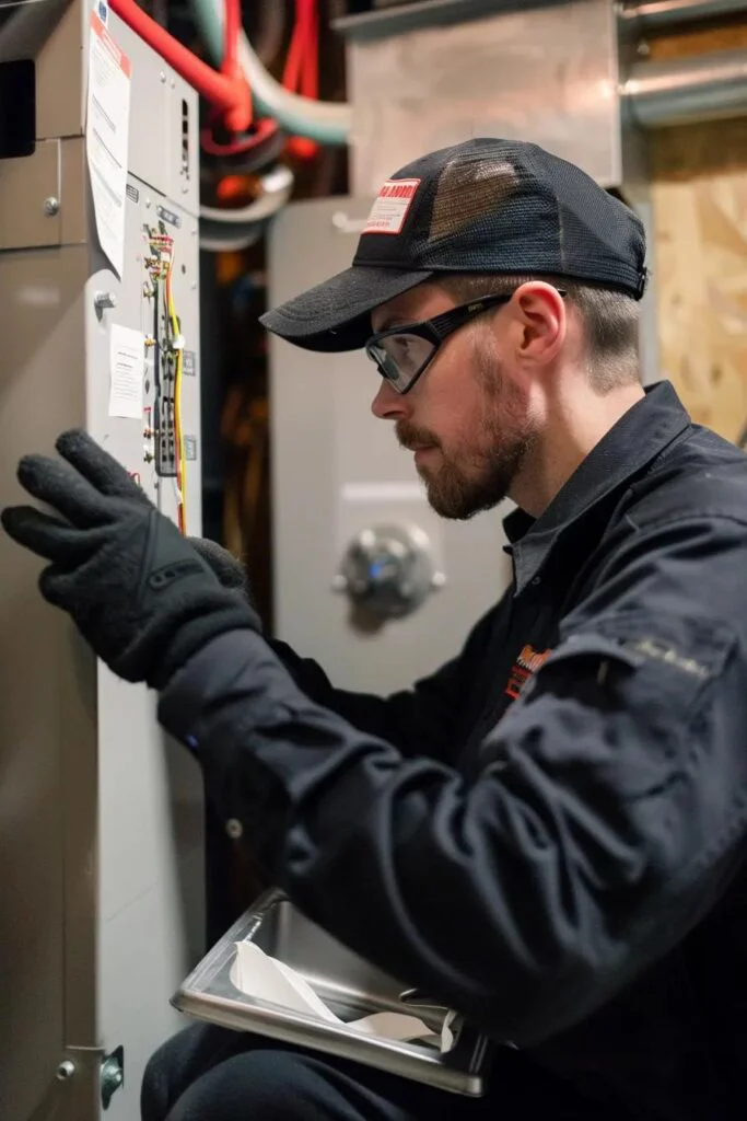 A Greer's Banner Air technician wearing safety glasses and gloves connects wires on an outdoor AC unit.