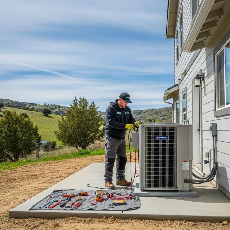 Technician performing heat pump installation in Tehachapi, CA, surrounded by tools on a work mat, with a residential home and green hills in the background.
