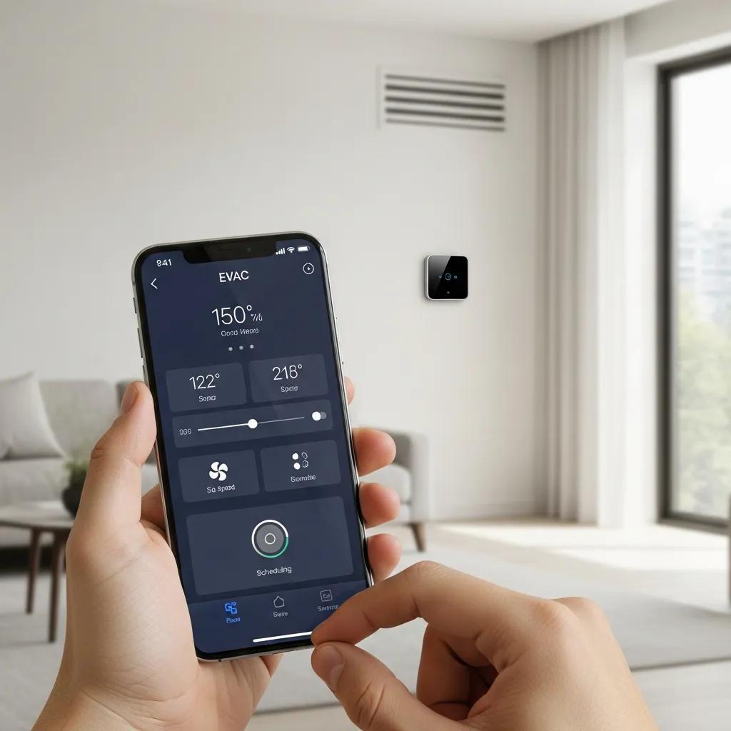 User controlling IoT HVAC system via smartphone app in a modern home setting